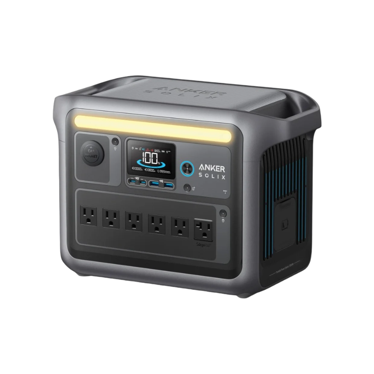Anker SOLIX C1000 portable power station, front view showing six AC outlets and display