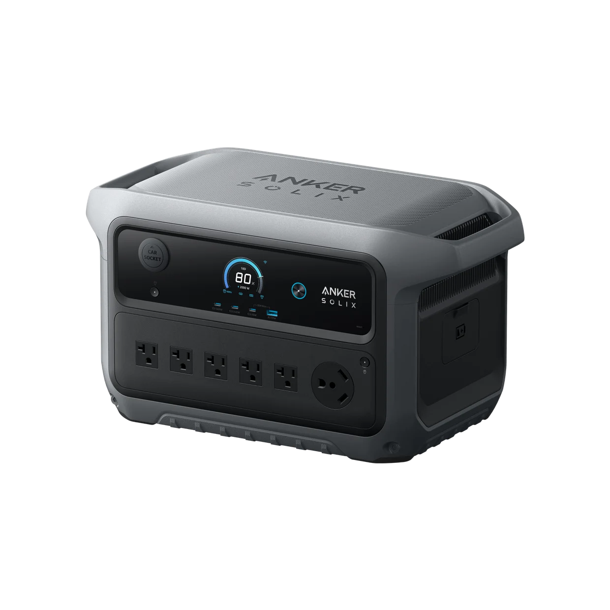 Anker SOLIX C2000 Gen 2 portable power station, front view with AC outlets and LCD screen