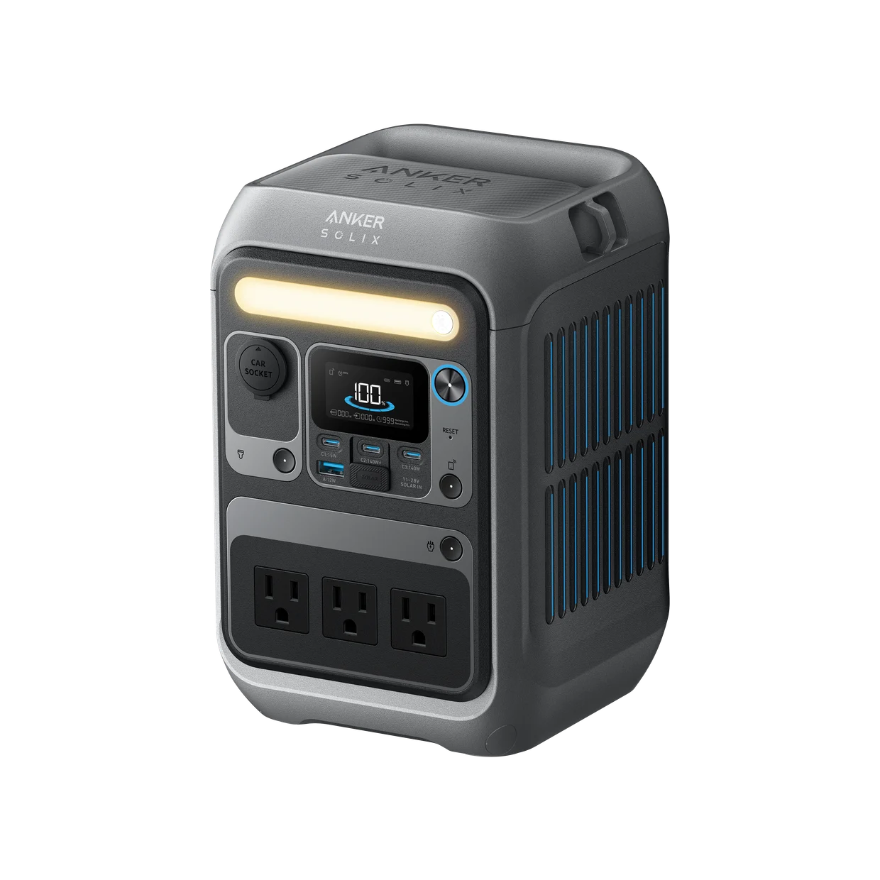 Anker SOLIX C300 portable power station, front view with built-in light bar and AC outlets