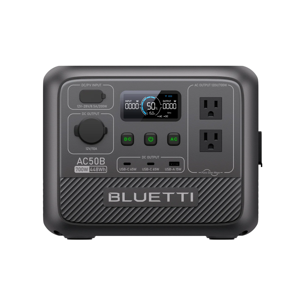 BLUETTI AC50B portable power station, front view showing two AC outlets, USB ports, and LCD display