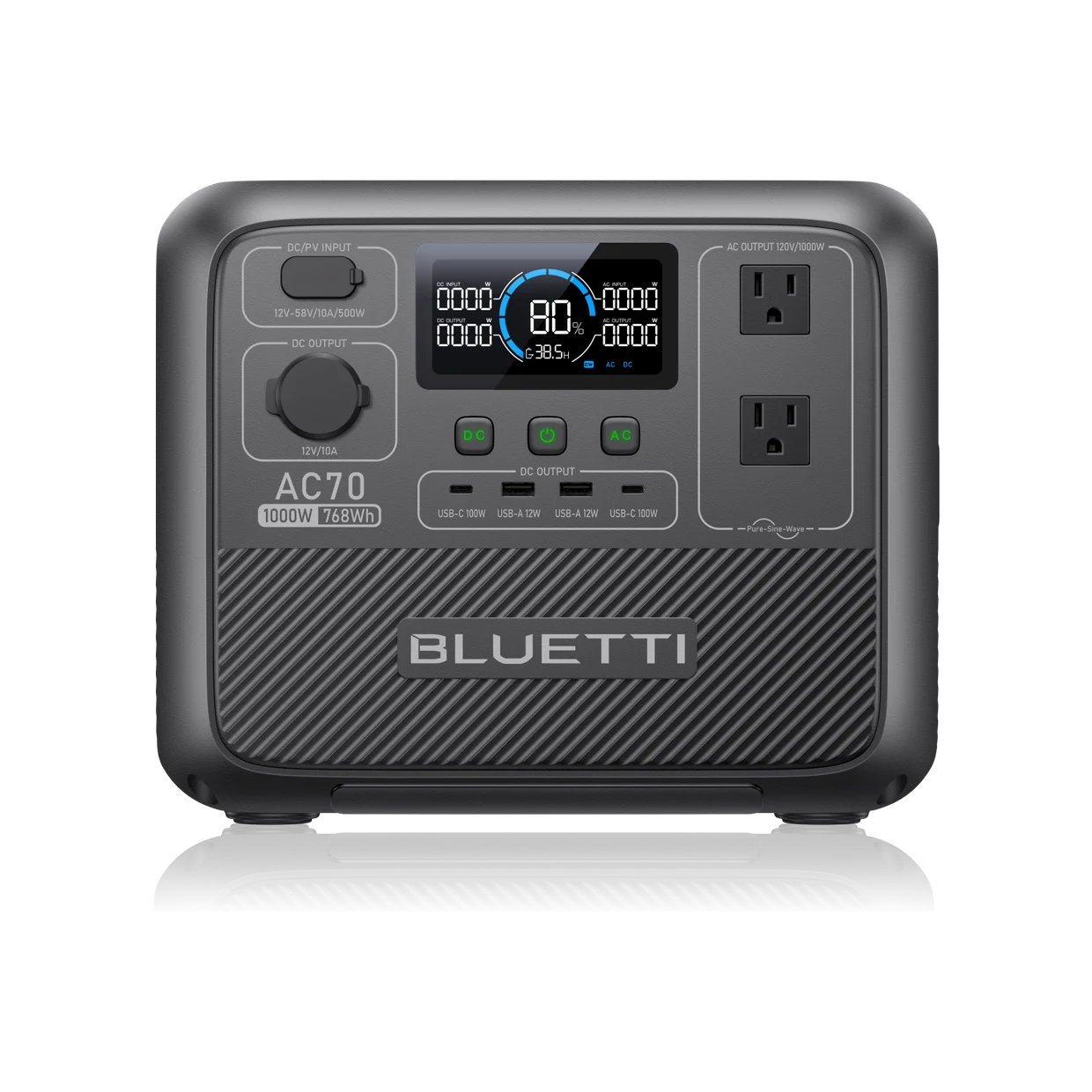 BLUETTI AC70 portable power station, front view showing two AC outlets, USB ports, and LCD display