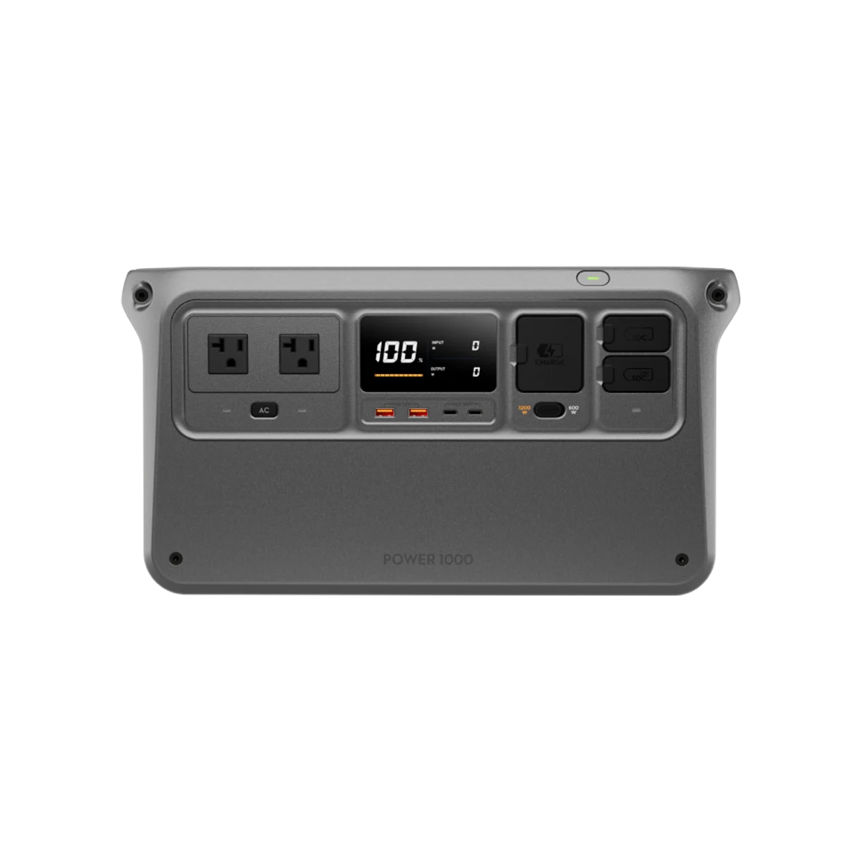 DJI Power 1000 portable power station, front view showing AC outlets, USB ports, and status display