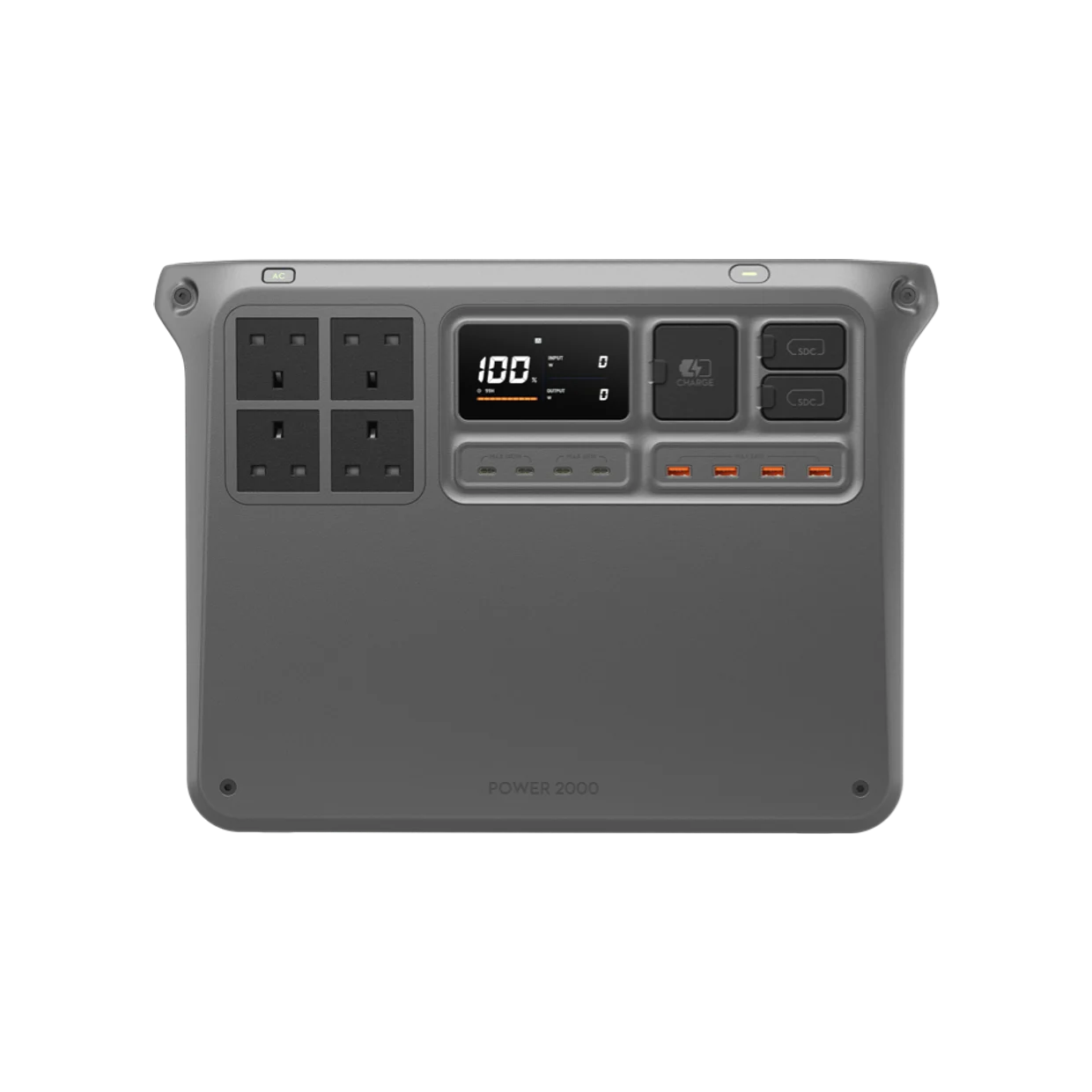 DJI Power 2000 portable power station, front view showing four AC outlets and control panel