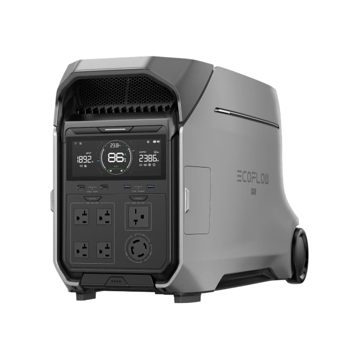 EcoFlow DELTA Pro 3 portable power station, front view of the wheeled high-capacity unit
