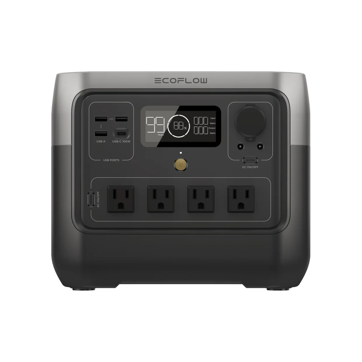 EcoFlow RIVER 2 Pro portable power station, front view showing four AC outlets and status display