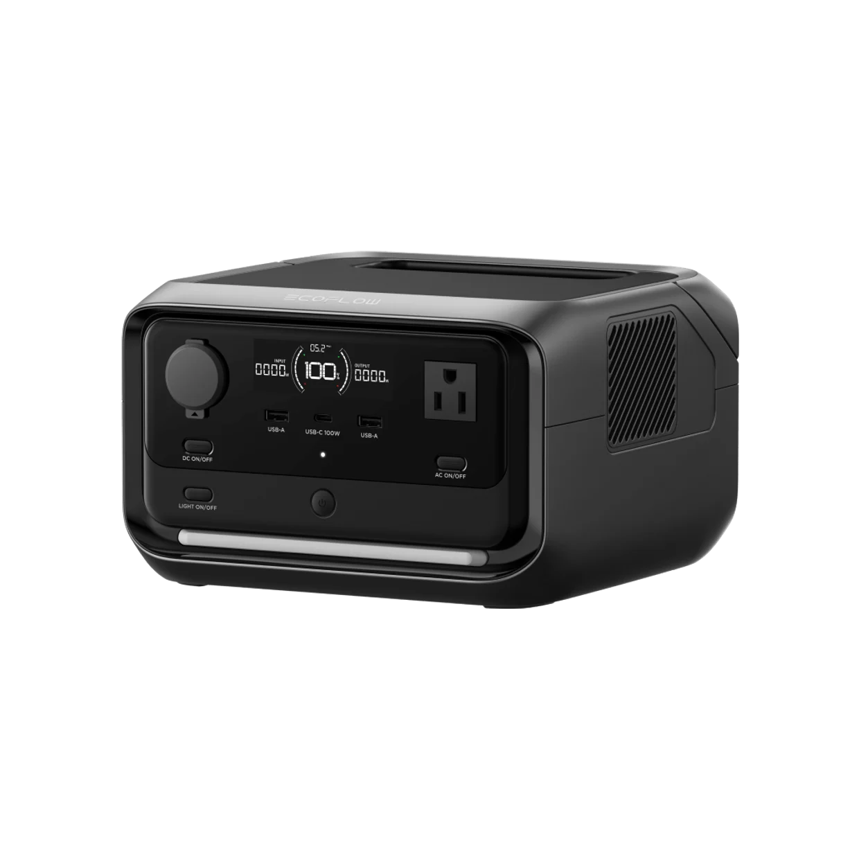 EcoFlow RIVER 3 Plus portable power station, front view showing AC outlets, USB ports, and display