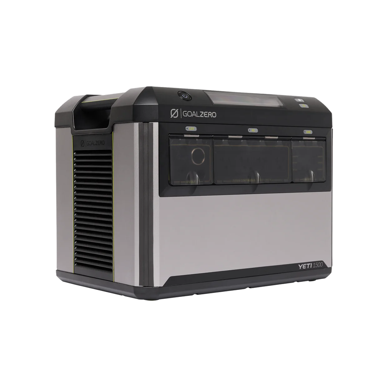 Goal Zero Yeti 1500 portable power station, front view of the vented chassis with AC outlets
