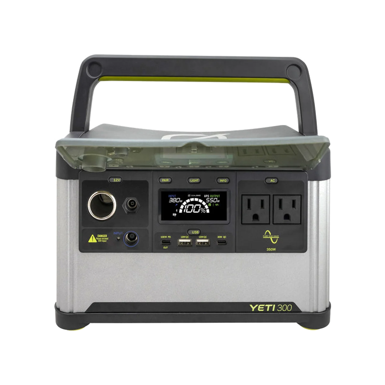 Goal Zero Yeti 300 portable power station, front view showing AC outlets and status display