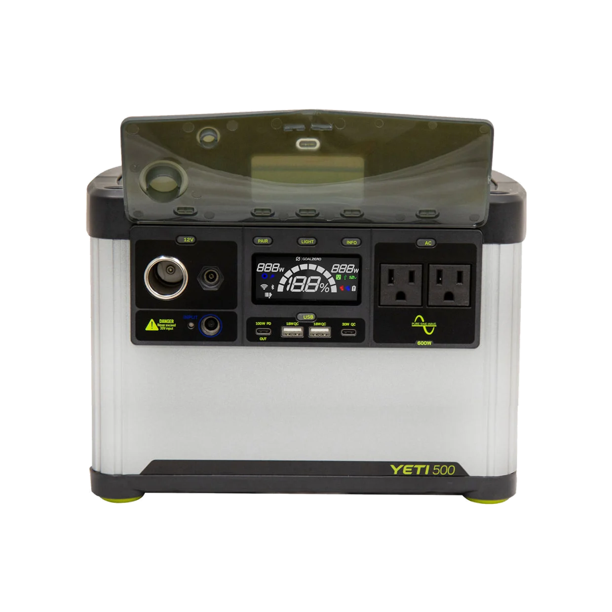 Goal Zero Yeti 500 portable power station, front view showing AC outlets and status display