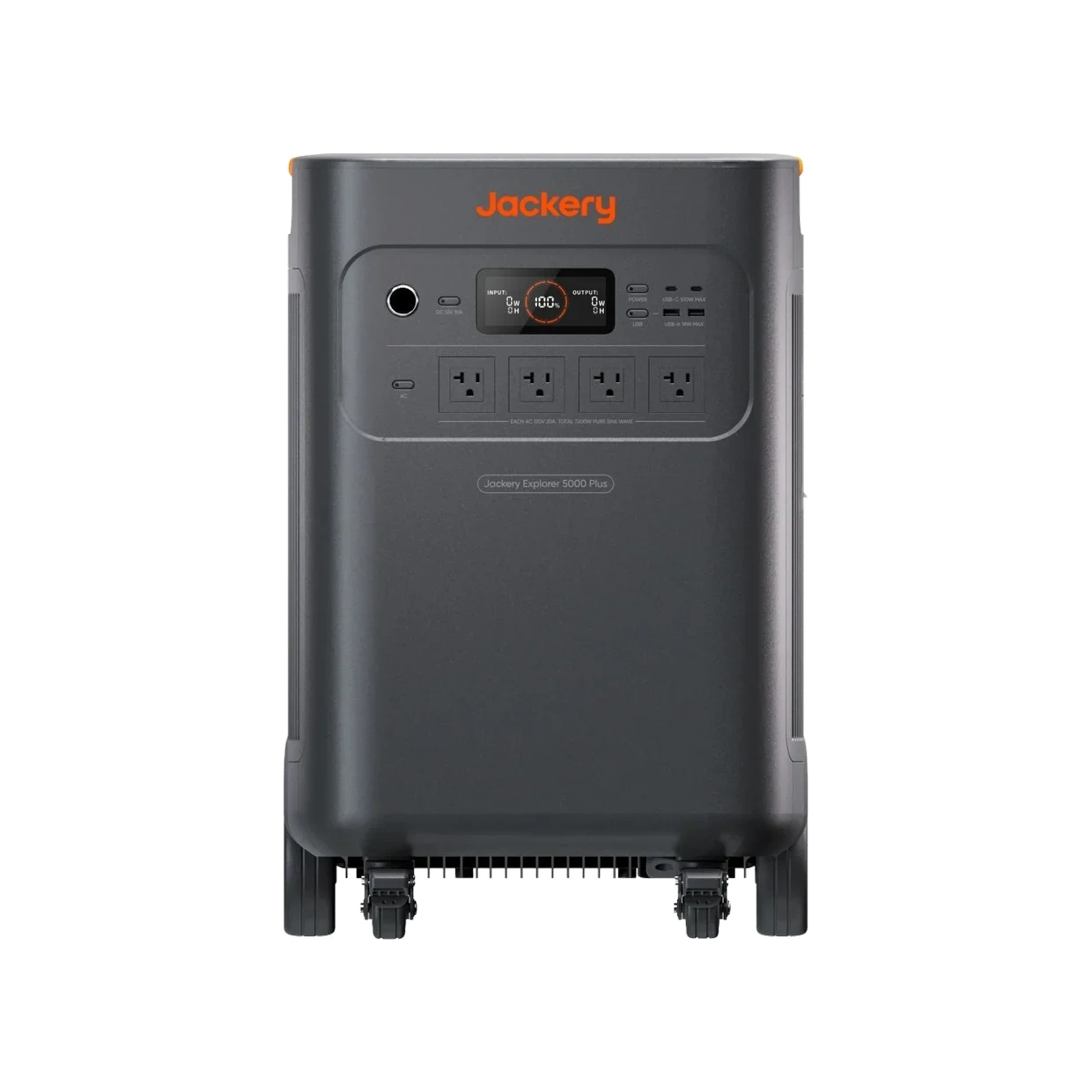 Jackery Explorer 5000 Plus portable power station, front view of the wheeled unit with four AC outlets